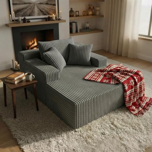 Sytopia Chaise Lounge with Armrests, Oversized Sofa Bed with 3 Pillows, Cozy Couch, Sleeper Reading Chair for Living Room Bedroom, Floor Sofa Corduroy, Furniture Sala, Urban Grey