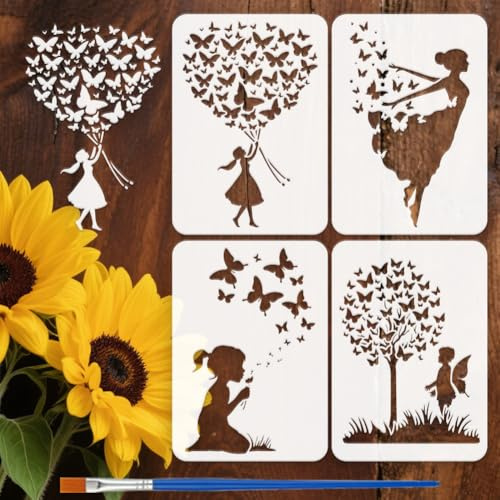FINGERINSPIRE 4 Malschablone Mit Menschen Und Schmetterlingen Und Kunststoffpinsel 21x29.7cm Frauen Silhouette Vorlage Schmetterlings Baum Und Grasschablone Charakter Themenvorlage Zum Malen Auf Holz