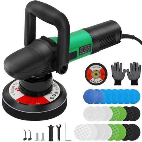 Pulidora Coche 900 W Motor de cobre puro Pulidora excéntrica 9 mm 6 velocidades variables (2200-6500RPM), mango en D y mango lateral, versátil para coche/muebles/parquet