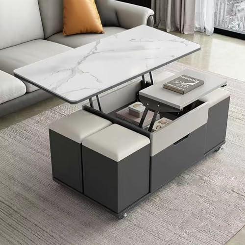 Tavolino da caffè con 4 posti con piano sollevabile, tavolo da pranzo trasformabile 3 in 1, double-face, design rock board per soggiorno (bianco, 120 x 60 cm)
