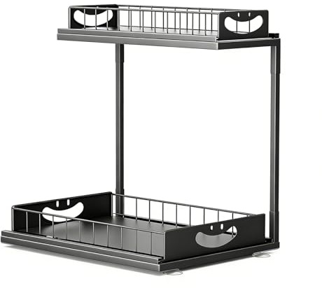 RMNKTHC Metall Spülschrank Organizer Ausziehbar, 2 Etagen Unterschrank Organizer mit Zwei Ausziehbaren Schubladen für Unterschrank, Küche und Bad (Schwarz)