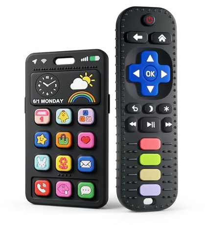 Bitringar leksak för baby 3-6 12-18 månader, 100% silikon baby fjärrkontroll & mobiltelefon tandhjälp för 3-6 9 månader småbarn pojkar flickor, badleksaker, biteleksaker, BPA-fri