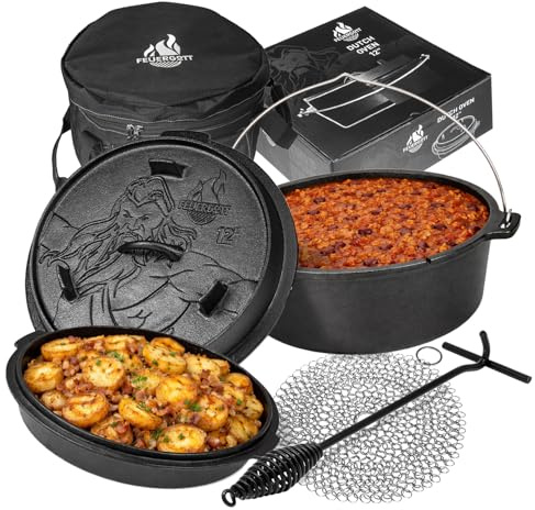 FEUERGOTT Dutch Oven Set 6 l ohne Füße Gusseisen Feuertopf Schwarz mit Deckelheber Ringreiniger Transporttasche Outdoor Kochtopf für Grill Feuerstelle Camping BBQ Brot Schmoren Braten