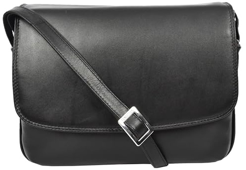 Lucinda Damen-Umhängetasche, echtes Leder, klassische Überschlagtasche, mittelgroß, Schwarz , Medium
