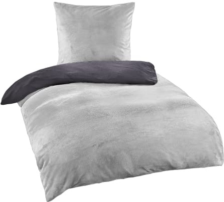 BaSaTex Cashmere-Touch Bettwäsche Set, 135x200 + 80x80 cm, Anthrazit Silber | Plüsch Winter, warme Nicky Teddy Flausch Qualitäts-Bettwäsche, Kissenbezug