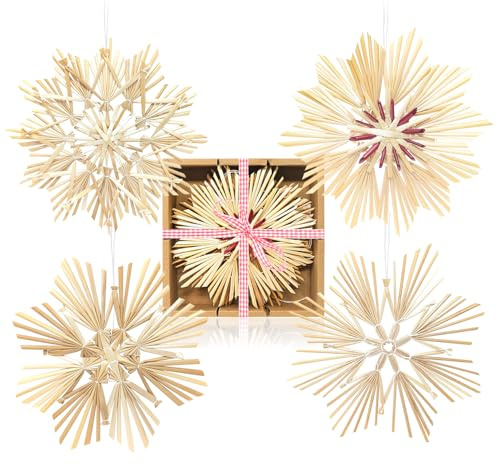 com-four® 4X Strohsterne im Mix-Set, Stroh-Anhänger für den Weihnachtsbaum | natürlicher Christbaum-Behang - Weihnachtsdekoration - 18 cm