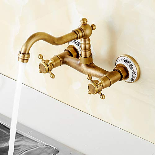 Miscelatore Cucina a Muro in Ottone Classico Antico Girevole a 360°con Doppio Comando Rubinetto Acqua Fredda e Calda