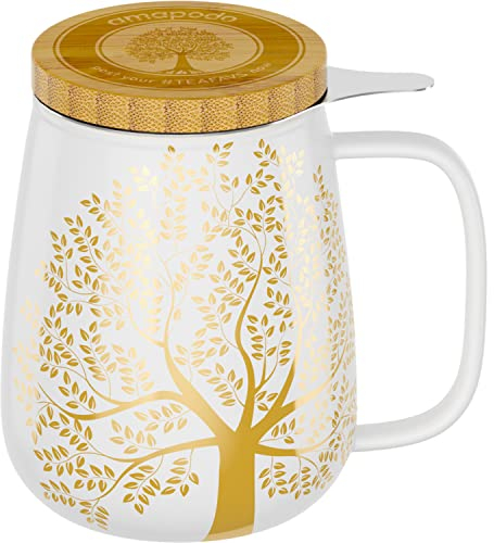 amapodo Tazza da tè con coperchio e colino - Tazza da tè in porcellana grande 600ml - Tazza Jumbo - Set di tazze XXL Bianco - senza plastica