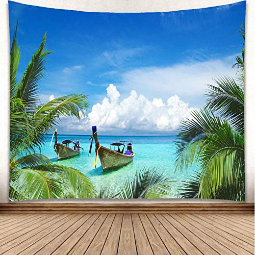 YISURE Tropischer Ozean Strand Wandteppich, Palme Kokosnuss Blatt Meer Boot Wandteppich Wandbehang für Wohnzimmer Wohnheim Heimdekoration, 230x180cm