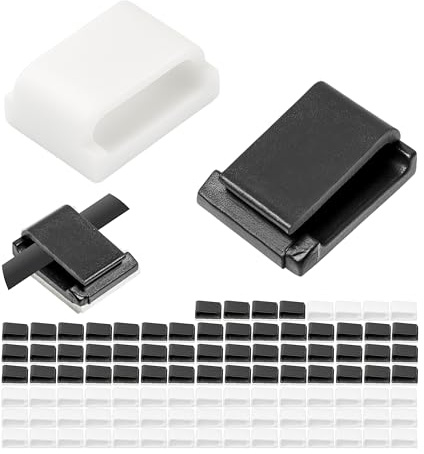 Fermi Autoadesivi per Gestione Cavi, 100 pz, Bianco + Nero, Fino a Ø 10 mm, Supporto per l'Organizzazione di Cavi TV, PC, Laptop, LAN e Cavi di Alimentazione, Clip Fermacavi Adesive, Clip Autoadesivo