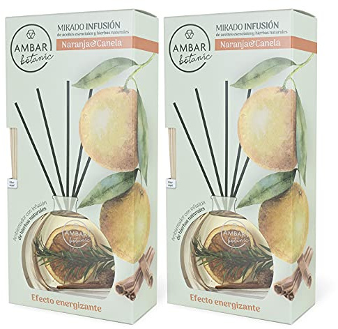 Ambar Botanic Ambientador Mikado Infusión Naranja Canela con aceites esenciales y hierbas naturales. 0% Alcohol, +3 meses duración. (Pack 2 uds. x 75 ml)