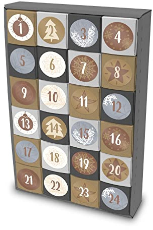 itenga SET Adventskalender zum Füllen Würfel 5cm (außen grau) + Sticker Z15 + V16 (grau, braun, weiß)