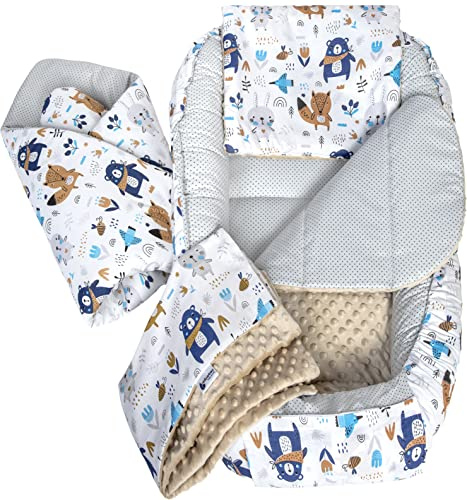 Medi Partners Riduttore Lettino Neonato - 100x60x15 Nido Antisoffoco Neonati 5-Parti Bozzolo Culla per Bebè neonata bilaterale Cuscino 100% Cotone (Boho Animali con Minky beige)