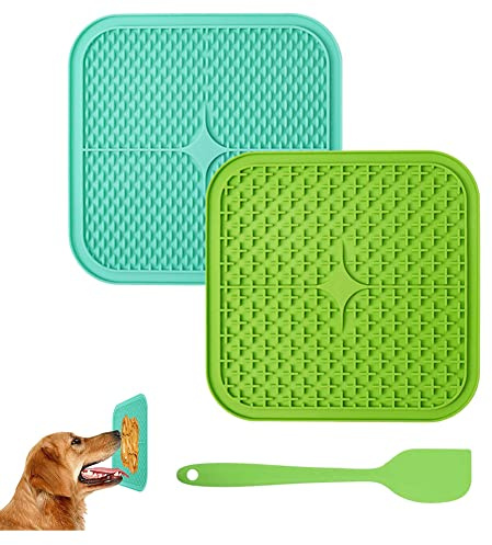 Koomiao Leckmatte für Hunde 2 Stück Silikon Schleckmatte,Hund Snack Lecken Pad mit 1 Silikon Spatel Leckmatte Hund Super Starke Saugkraf Geeignet zum Baden, Trainieren und Pflegen