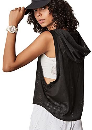 Mujer Fitness Sin Mangas Malla Hoodies Sudadera Deportes Camisetas Ejercicio Tops Negro M