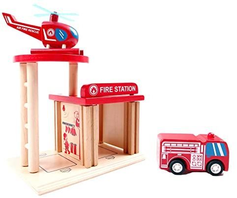 Udeas Feuerwehr Spielzeug Set: Holzspielzeug mit 2 Fahrzeugen - Feuerwehrauto und Hubschrauber für Kinder ab 3 Jahren. Lernspielzeug Feuerwache aus Holz kleine Feuerwehrfans.