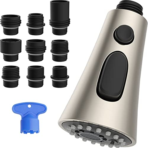 Remplacement Tête Robinet de Cuisine avec 3 Modes de Jet, Douchette Robinet Extractible avec 9 Adapteurs, Mitigeur Cuisine Compatible avec les Robinets G1/2, Nickel Brossé