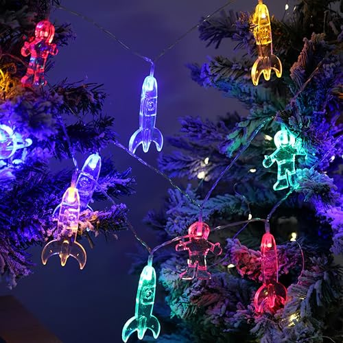 LELYFIT Lichterkette Innen, Lichterkette Außen Batterie, 3.0M 20 LED Astronaut Raumschiff Rakete Lichterkette Kinderzimmer, LED Rakete Anhänger Lichterkette Für Garten, Terrasse, Bäume, Party Deko