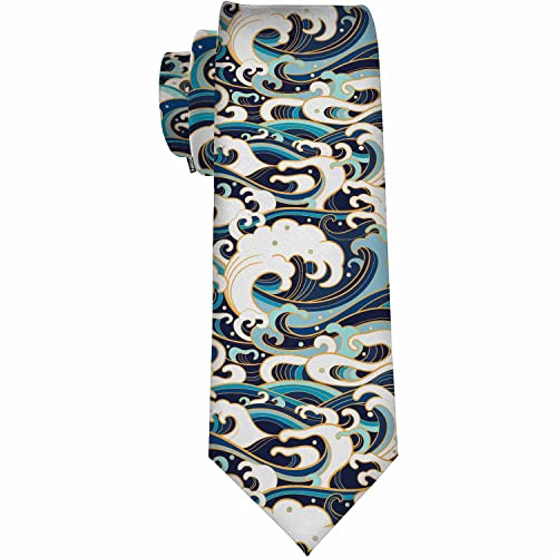Yekiua Ocean Waves Men's Ties Traditional Oriental Foam Splashes Neck Tie Business Wedding Formal Fashion Necktie Blue White
