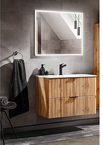 Lomadox Badezimmermöbel Set, Wotaneiche Rillenoptik, 80cm Waschtisch mit Unterschrank, Keramik Waschbecken, Spiegel mit LED-Rahmen