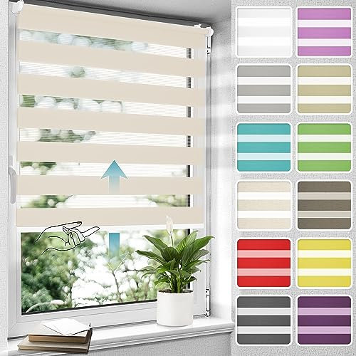 Allesin Doppelrollo schnurlos Klemmfix ohne Bohren Duo Rollos für Fenster, 40x120cm (BxH) Natur, Drücken Und Ziehen Springrollos Klemmrollo Fensterrollo ohne Schnur lichtdurchlässig & Blickdicht
