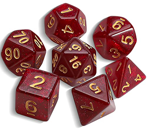 QMAY DND Dice Polyhedral Dice Set - 7 Pieces for Dungeon and Dragons MTG RPG D&D D20, D12, D10, D%, D8, D6, D4 (Rot + Glitter)
