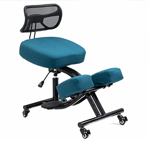 BLACK POINT ergonomischer Kniestuhl aus Öko-Leder O'KNEEL PRO für Zuhause und Büro (dunkeltürkiser Leinenbezug im Lieferumfang enthalten) Bürostuhl Ergonomisch