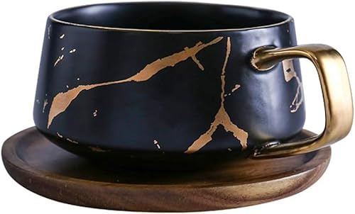 LIBFITH Kaffeebecher, Teetasse, Keramik Tasse, Gold Design mit hölzerner Untertasse (Schwarz mit Tablett)