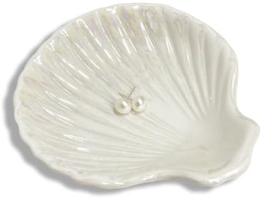 Ring Dish Shell Shape Ceramic Jewelry Dish Tray, Decorative Trinket Dish Organizing Rings Earrings Necklaces Keys, Mothers Day Christmas Birthday Gifts for Women, 3.9, White Iridescent Surface