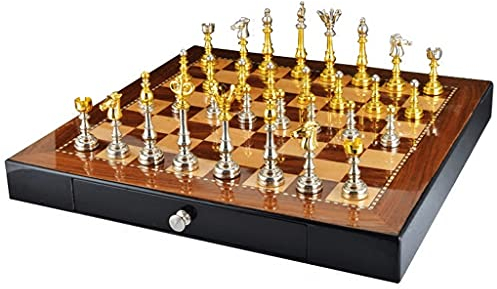 ZzzaNa Schachspiel Handgemachtes Schachspiel Schachbrett aus Holz mit 2 Schubladen Aufbewahrung und Gold-Silber-Schachfiguren Schachspiel aus Metall for internationales Schachgeschenk for Erwachsene S