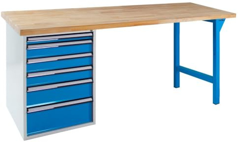 Steinbock Werkbank mit 6 Schubladen | 500 kg Tragkraft | HxBxT 85 x 200 x 75 cm | Lichtblau | 5 cm Starke geölte Massivholz-Arbeitsplatte | stabiles Stahlgestell | Made in EU | Werktisch