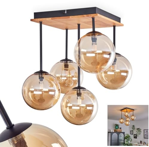 HOFSTEIN Deckenleuchte Chehalis, Deckenlampe aus Metall/Holz/Glas in Schwarz/Natur/Bernstein, Leuchte im Retro/Vintage-Design, Ø Schirme 15 cm, 5 x G9, Esszimmer, Schlafzimmer, Wohnzimmer, Küche