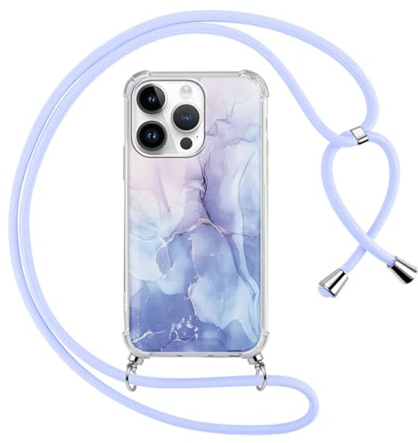 ZhuoFan Handyband für iPhone 13/iPhone 14 Hülle mit Band, Transparent Aesthetic Marmor Muster Handyhülle mit Kordel zum umhängen Necklace Case Silikon TPU + PC Stoßfest Schutzhülle, Blau