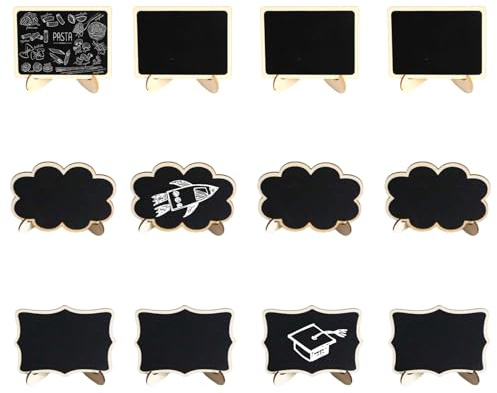 SRTSTR 12 Stück Mini Tafeln Zum Beschriften Set Kreidetafel Klein mit Ständer Abwischbare Kreidetafel Memotafel Beschriften Holztafel für Tischkarten Hochzeit Party Buffet Café Tischdeko (3 Stile)