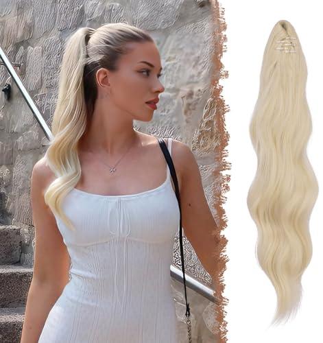 FESHFEN Pferdeschwanz Extensions Klammer, 50 cm Lang Clip Ponytail Haarteil Gewellt Hellblond Zopf Haarteile Extension Haarverlängerung für Frauen