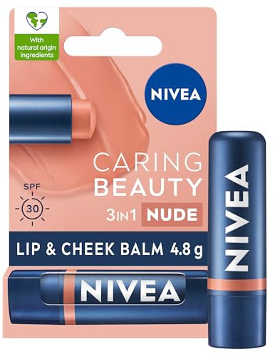NIVEA Caring Beauty Nude Lip Balm SPF30 (4.8g), 3-in-1 Buttery Lip and Cheek Tint, Rich Colour and 24H Moisturisation with SPF 30 Protection