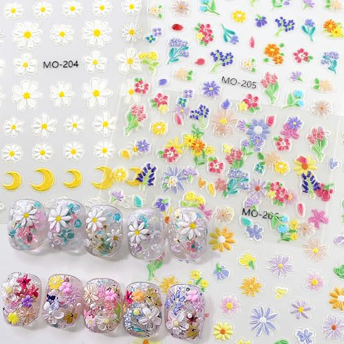 6 Blätter 5D Geprägt Ölmalerei Nageldesign Nagelsticker Blumen,Relief Bunt Flower Nail Sticker Frühling Sommer Gänseblümchen Blume Nagelaufkleber Mond Wolke Blüte Blütenblätter Nagel Sticker Nail Art
