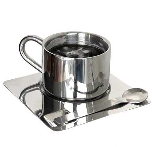 Dinntty Stainless Steel Coffee Mug Set, 175ml Double Wall Coffee Mug with Saucer Cup Spoon Handle European Style Coffee Mug Set