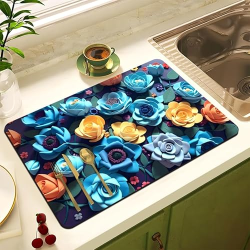 SHATSS Abtropfmatte Geschirr Farbige Blumen Superabsorber Abtropfmatte,Unterlage Kaffeemaschine Matte Abtropfmatte, Schmutzabweisender Gummisohle Abtropfmatte,Für Küche, Kaffeemaschine 40 * 50Cm