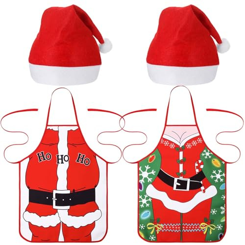 Hestya 4 Stück Lustige Weihnachtsschürzen und Weihnachtsmützen Set Neuartige Frau und Mann Backschürzen Weihnachten Lustige Geschenk Kochschürze für Kochen Essen Grillen Party(Xmas 2)
