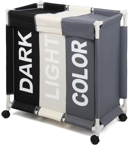 3 Section Basket Mobile Laundry Hamper Clothes Bin Organiser Sorter Cart with Wheels Lights and Dark Folding Laundry Basket Easy Move Laundry Storage Cart