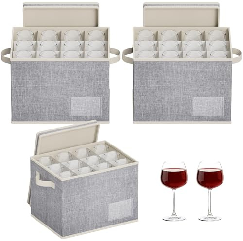 Lifewit 3 Pcs Wine Glass Storage Box with Dividers, Stackable Cationic Hard Shell Stemware Organizer with 36 Cells, Foldable Dustproof China Containers for Moving, Light Grey