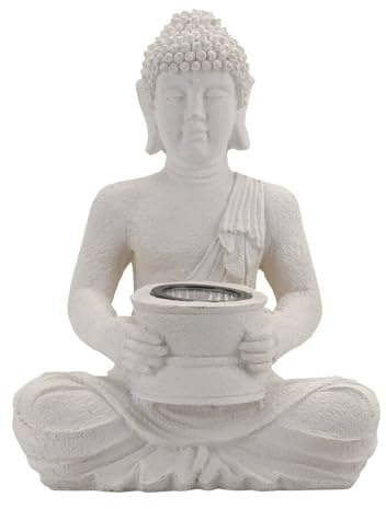 Well Home Solarleuchte Buddha aus Polystone Finish in reinem Weiß, 21 x 14 x 28 cm