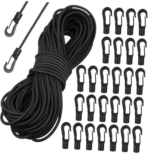 FOYTOKI Outdoor Kayak Bungee Cord Set 20m 4mm Marine Elastic Rope and 50 Wire Rope Hooks, Shock Absorbing Camping Tie-downs for Boating and Hiking