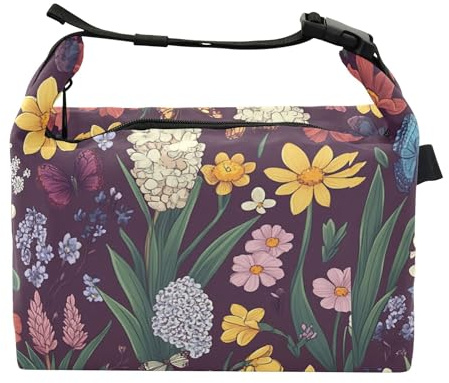 Wudan Borse per il pranzo riutilizzabili per insegnanti e parchi divertimenti con fiori primaverili giacinti narcisi bordeaux, Fiori Primavera Giacinti Narciso Borgogna, one size