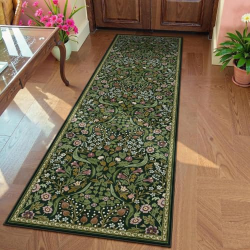 Moynesa Flurläufer mit Blumenmuster, waschbar, rutschfest, Boho-Grün, weich, ultradünn, botanischer Teppichläufer für Eingangsbereich, Badezimmer, Waschküche, Grün
