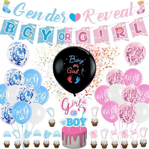 Gender Reveal Party Deko- 49 Pieces Baby party Deko Mädchen Oder Junge, Baby Shower Deko, Offenbaren Latexballon, Kuchen Deko，Konfetti Rosa Blau Offenbaren für Geschlecht Verkünden