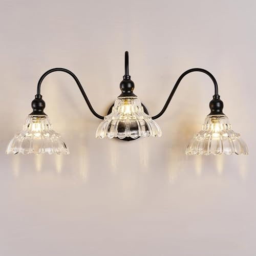 Mengjay Wandleuchte Schwarz Innen,Spiegelleuchte Bad Spiegellampe Vintage G9 Wandlampe 2 Flamming mit Glasschirm, Retro Metall Badezimmer Lampe Wand Modern Wandbeleuchtung (Schwarz, 3 Flammig)