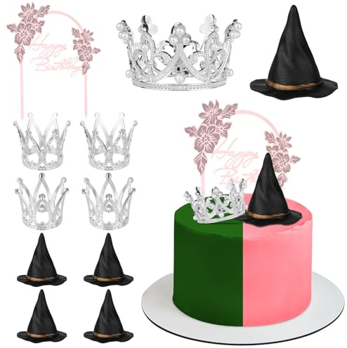 ULELE 11Pcs Black Hat and Crown Cake Topper Princess Theme Birthday Party Decoration Including Mini Black Hat Silver Alloy Crown Cupcake Topper for Party Cake Supplies