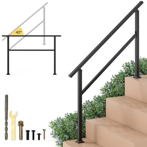 GOPLUS Pasamanos para Escalones de Exterior y Interior, Barandilla de Acero Inoxidable con Ángulo Ajustable de 42, Hasta 150 kg, Soporte para Terraza, Negro (138 cm)